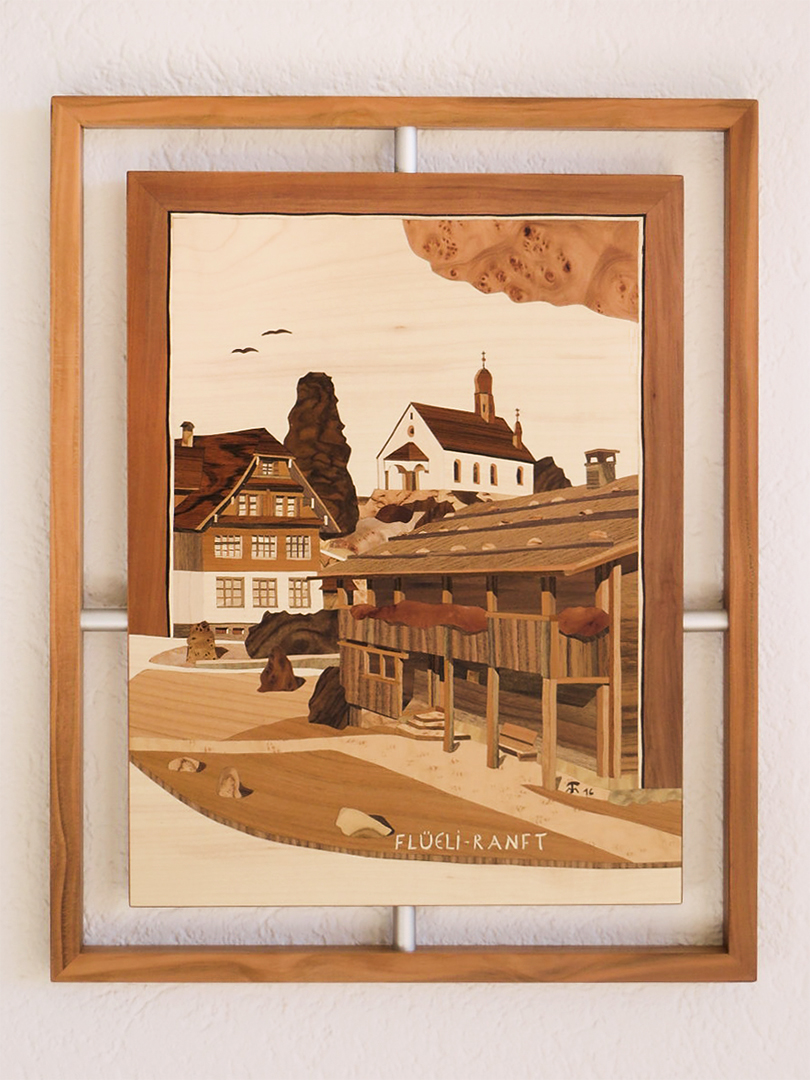 Bild Flüeli-Ranft 36 x 45 cm Intarsie Thomas Moser Bild Flüeli-Ranft 36 x 45 cm Intarsie Thomas Moser