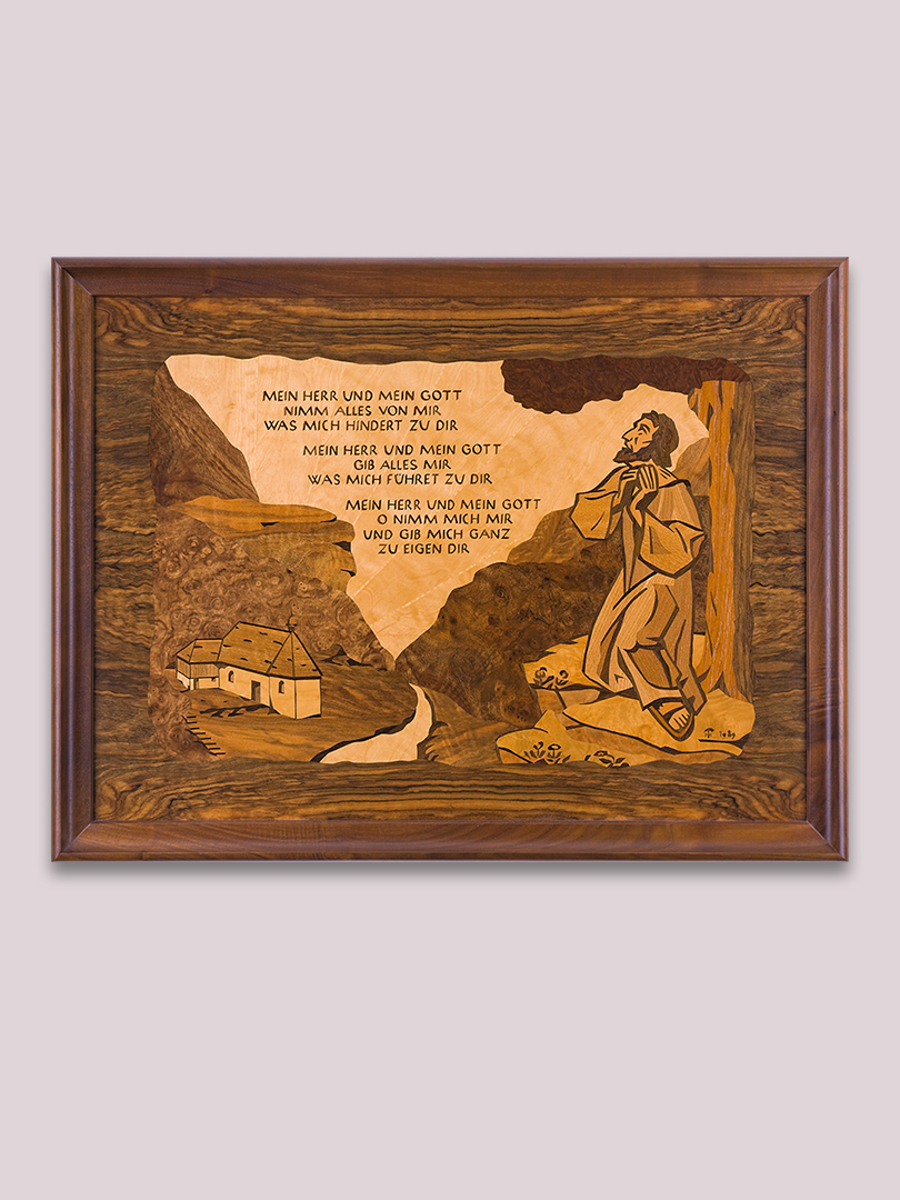 Bild Mein Herr und mein Gott Bruder Klaus Intarsie Thomas Moser Moser, Thomas (Gossau 1963–), «Mein Herr und mein Gott», 1989, Intarsien-Bild